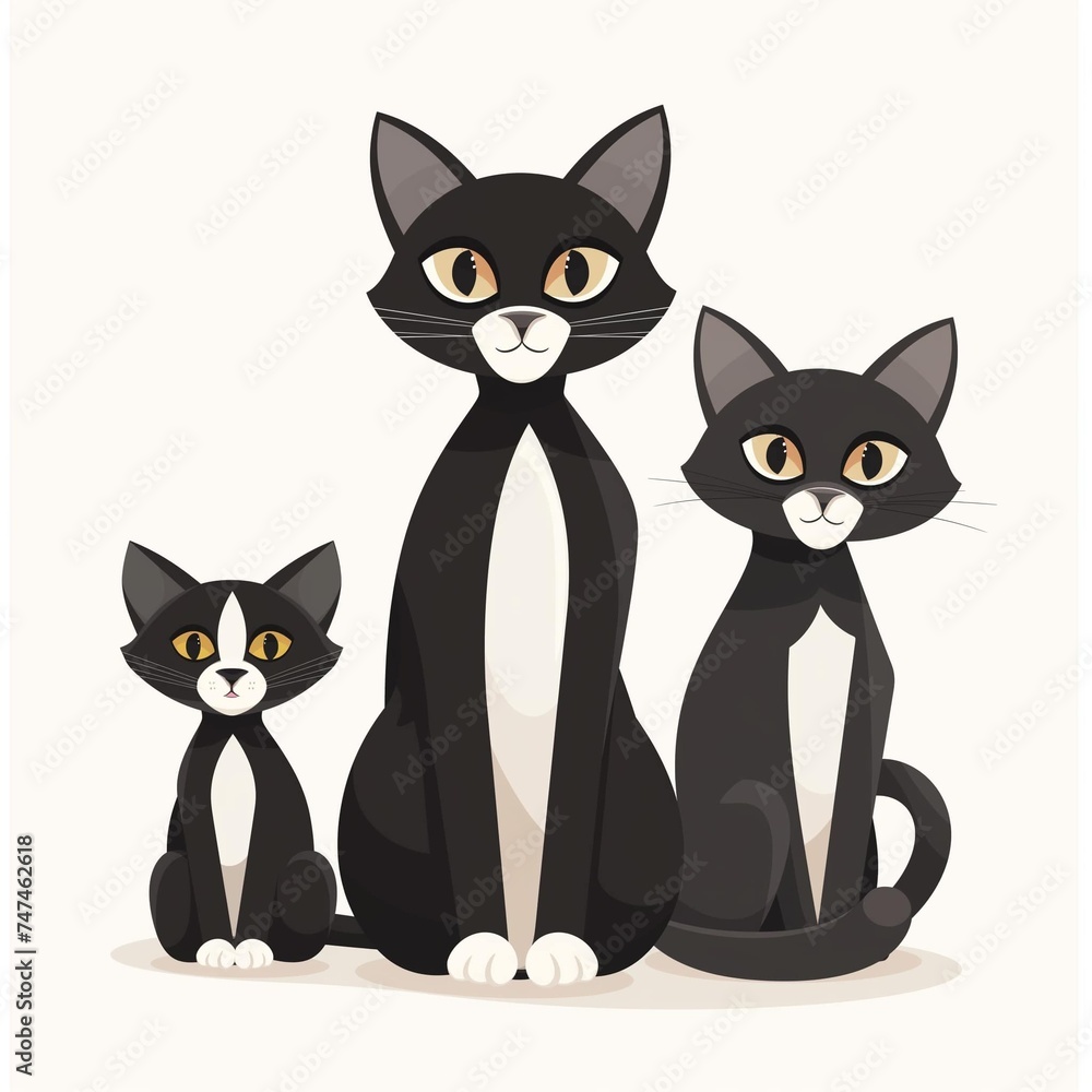 Three family black -and- white cats isolated on a white background