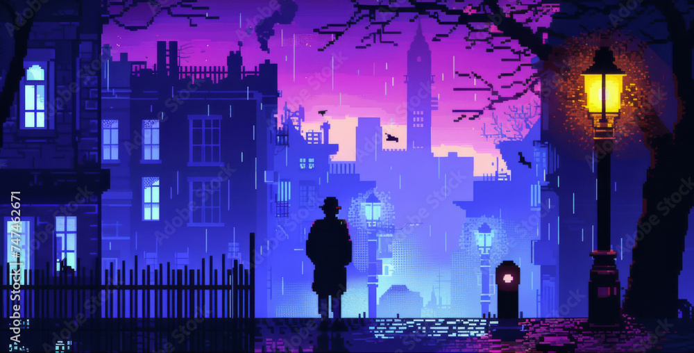 16-bit pixel art depicting a silhouetted detective standing under a glowing streetlamp on a foggy city night with a dusky sky