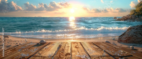 a wooden table on the beach, with the water next to it #747462617