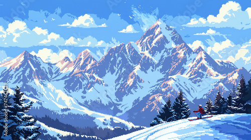 8-bit pixel art of skier jumping against snowy mountains in the background