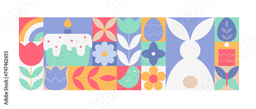 Geometric easter banner with bunny, cake, flowers, candle, chick. Square shapes kit for website, background
