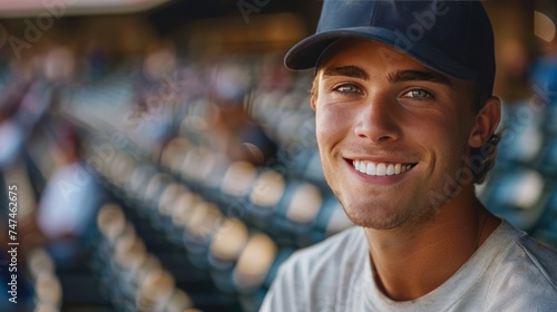 A young handsome baseball player stands and looks smiling at the camera
