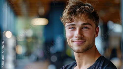 A handsome young fitness trainer stands and looks smiling at the camera
