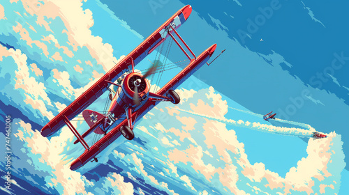 Canvas Print Pixel art of classic red biplanes engaging in an aerial dogfight against a backdrop of blue skies and fluffy clouds