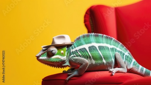  hameleon in hat on red sofa on yellow background. The concept of relaxation  style  and interior. Place for the text.