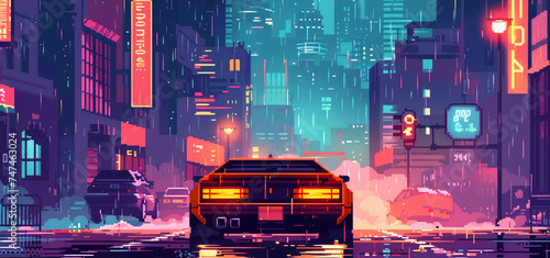 8-bit pixel art of a sports car cruising through a vibrant, neon-lit city at night