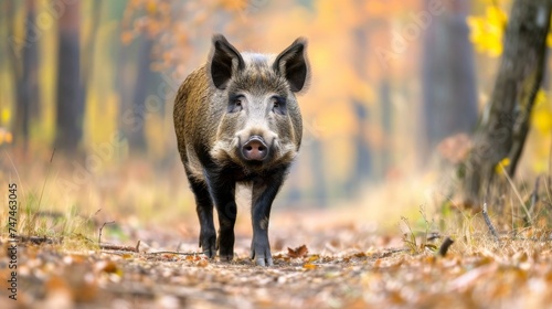Wild boar stands in the forest and looks at the camera large copyspace area