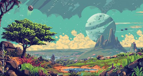 8-bit pixel art of a vibrant alien world featuring a futuristic settlement with spaceships and extraterrestrial flora