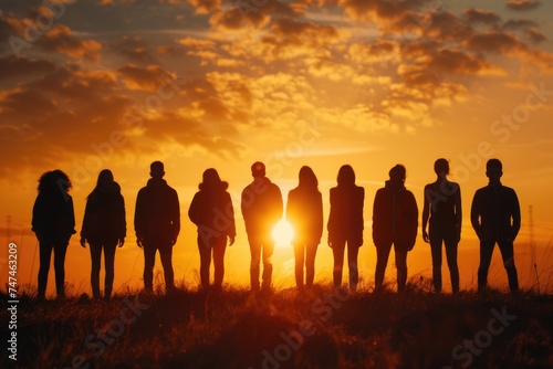 A group of people standing in a field at sunset. Ideal for lifestyle and nature concepts