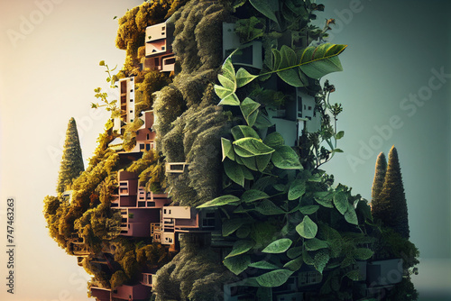 The concept of a futuristic eco-friendly vertical metropolis - a forest with a vegetative cover. Forest city.
