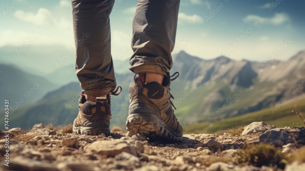 Person wearing hiking shoes on a mountain. Suitable for outdoor and adventure themes Person wearing hiking shoes on a mountain. Suitable for outdoor and adventure themes