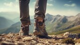 Person wearing hiking shoes on a mountain. Suitable for outdoor and adventure themes