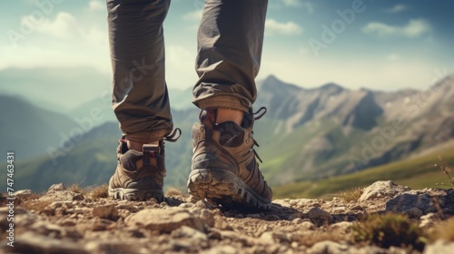 Person wearing hiking shoes on a mountain. Suitable for outdoor and adventure themes