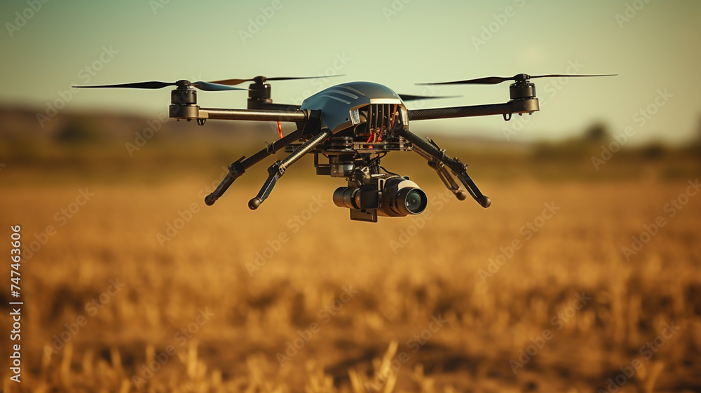 Professional military drone flies above the ground Professional military drone flies above the ground