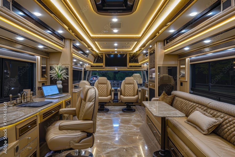 Luxurious interior inside the motorhome. The concept of a comfortable journey