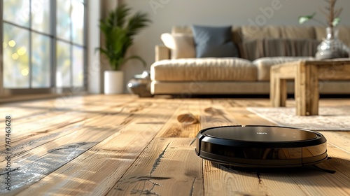 black robot vacuum cleaner that is diligently cleaning the wooden floor.