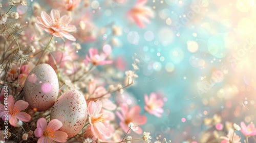 Easter pastel background with Easter eggs and flowers and large copy space