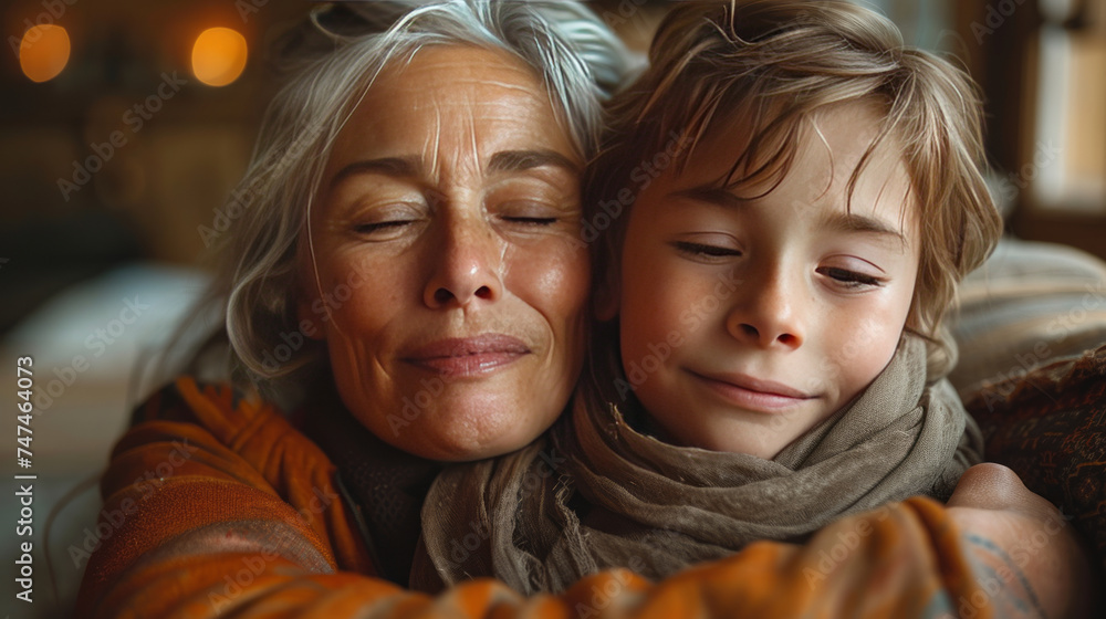 young man with Down syndrome with his mother at home, holding, hugging. Concept of love and parenting disabled child,generative ai young man with Down syndrome with his mother at home, holding, hugging. Concept of love and parenting disabled child,generative ai