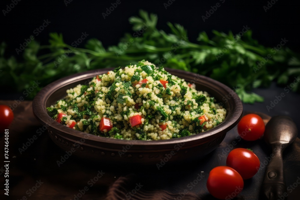 Highly detailed close-up photography of a refined  tabbouleh on a metal tray against a rustic textured paper background. AI Generation