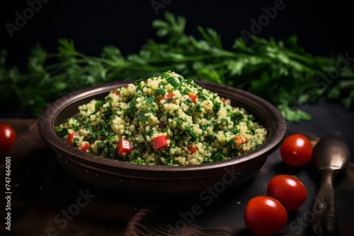 Highly detailed close-up photography of a refined  tabbouleh on a metal tray against a rustic textured paper background. AI Generation