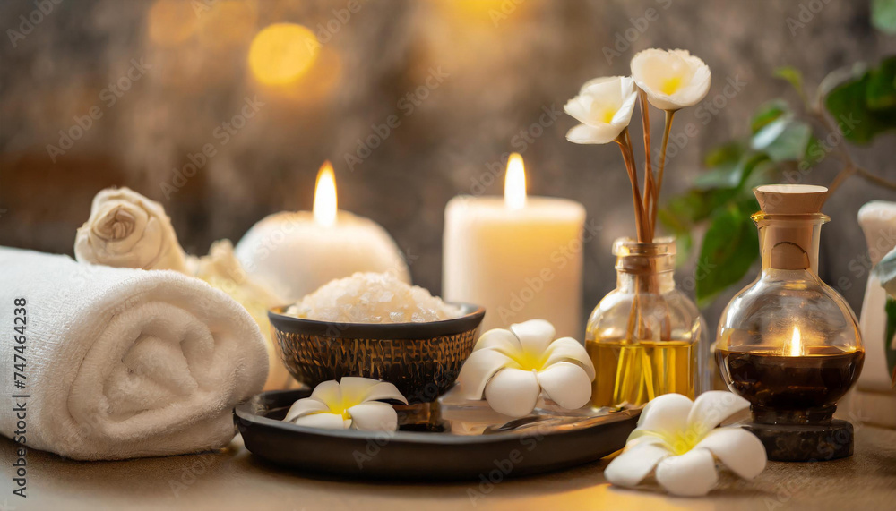 Atmospheric spa backdrop with candles, plumeria, bowl of salt, oil, massage stones and towels on light background