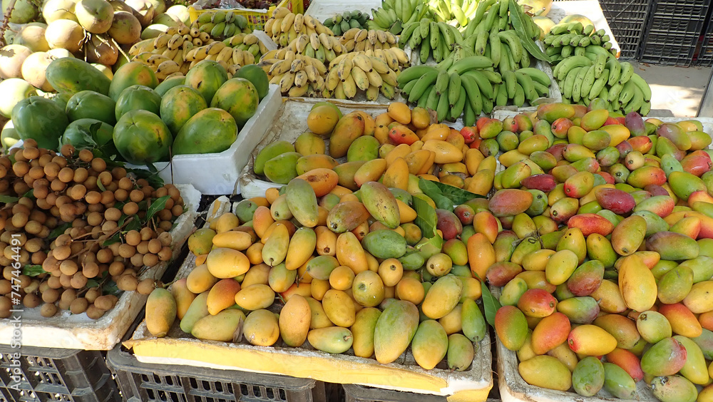 Showcase with tropical fruits at an Asian market