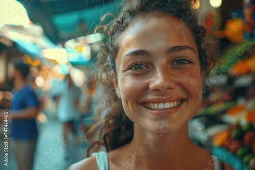 A woman smiling at the camera in a market. Suitable for marketing materials