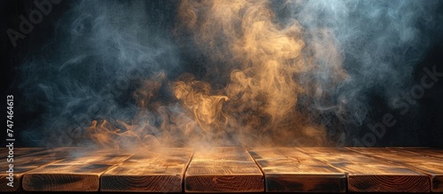 empty wooden table with smoke photo