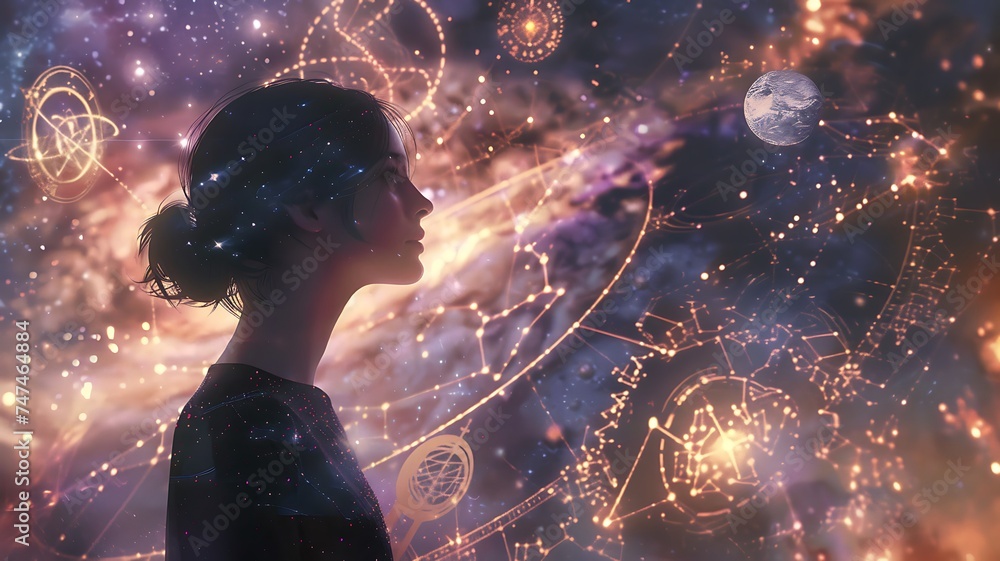 Silhueta feminina contra cosmos vibrante, contemplando a lua e constelações. - obrazy, fototapety, plakaty 