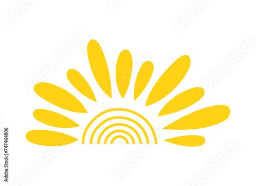 Simple yellow half sun handdrawn vector flat illustration with half-circle shape in middle, cute summer sunset, dawn image for logo, cards, decor, vacation concept, holiday, summertime kids design