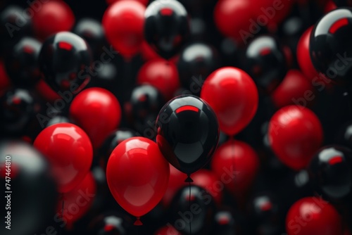 Sophisticated Festive Background. Black and Red Balloons on Minimalistic Black Background