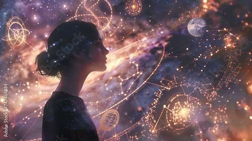 Silhueta feminina contra cosmos vibrante, contemplando a lua e constelações. photo