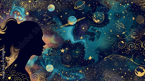 Perfil de mulher em harmonia com o cosmos, ilustrado com planetas e padrões astrais dourados. photo