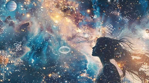 Mulher em silhueta admirando o vasto universo, cabelos ao vento entre nebulosas e símbolos astronômicos. photo