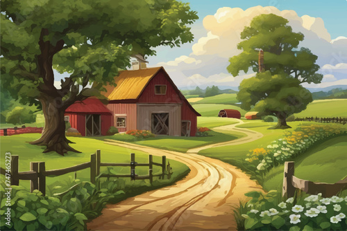 Illustration of a beautiful farm. Beautiful Farm landscape Illustration background.  Road to a peaceful farm. Vector illustration of beautiful summer fields landscape. Rural landscape. Farm background