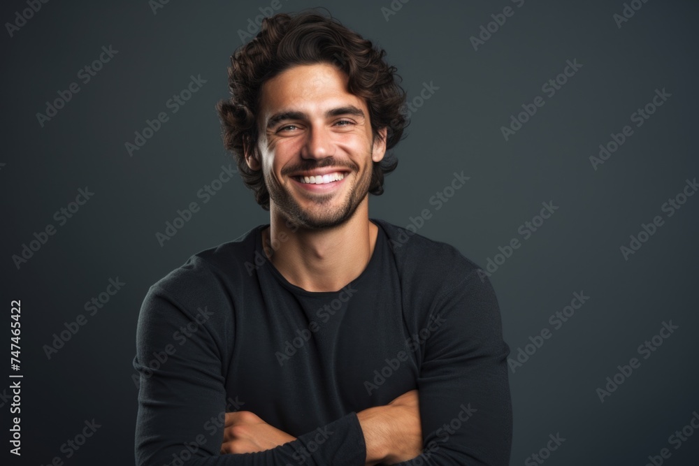 A man with a happy expression, standing with his arms crossed. Suitable for business or casual concepts