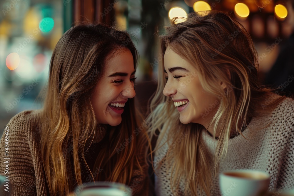 Two happy girls are sitting in cafe and drinking coffee. Communication with friends and lifestyle