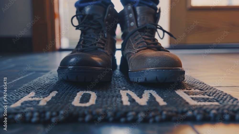 A pair of boots sitting on top of a door mat. Perfect for home decor and entrance concepts A pair of boots sitting on top of a door mat. Perfect for home decor and entrance concepts