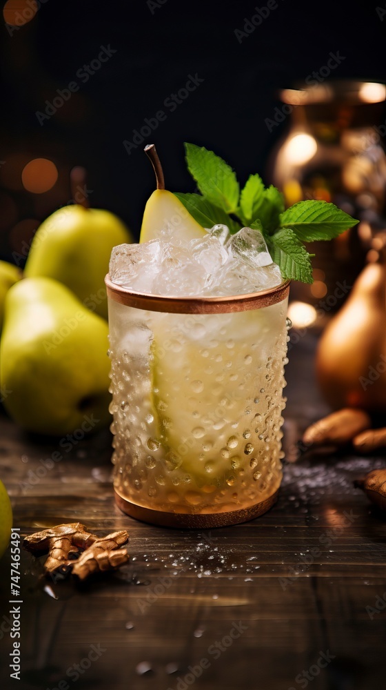 Pear and Ginger Moscow Mule drinks on a Table with Beautiful Lighting Pear and Ginger Moscow Mule drinks on a Table with Beautiful Lighting