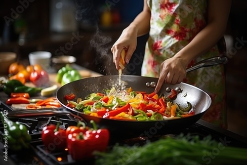 A woman cooking vegetables in a wok on a stove. Suitable for cooking or healthy lifestyle concepts