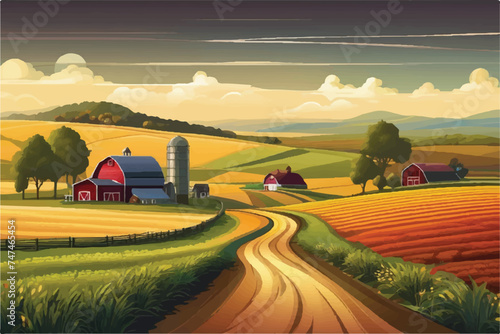 Illustration of a beautiful farm. Beautiful Farm landscape Illustration background. Road to a peaceful farm. Vector illustration of beautiful summer fields landscape. Rural landscape. Farm background