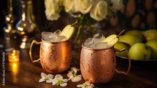 Pear and Ginger Moscow Mule drinks on a Table with Beautiful Lighting