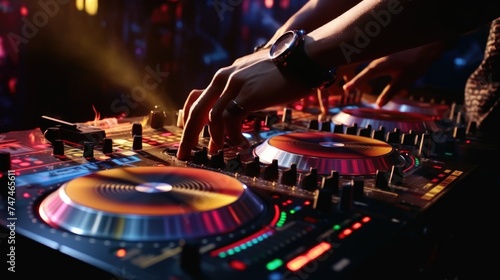 A DJ mixing a track in a lively nightclub atmosphere. Perfect for music and nightlife concepts