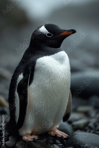 A penguin walks on the beach in winter