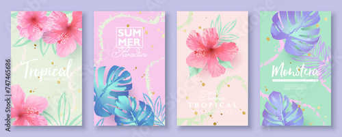 Tropical set backgrounds decorated with hibiscus flowers and tropical leaves on pastel abstract backgrounds. Vector illustration for fashion ads, posters, banner, and social media contents