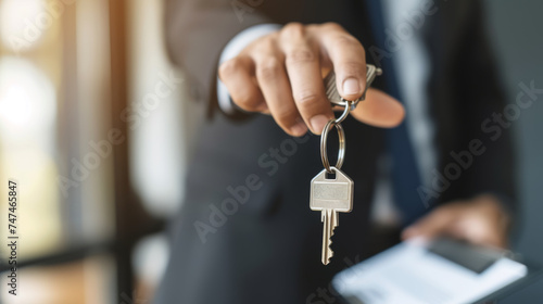 Real estate agent holding out a key