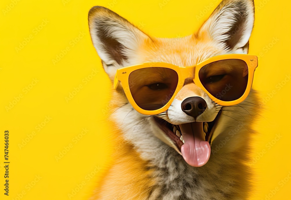 Fototapeta premium Close-up of a fox in glasses. Portrait of a fox. Anthopomorphic creature. A fictional character for advertising and marketing. Humorous character for graphic design.