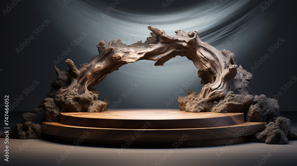 Obraz premium Dynamic Driftwood Podium product display for product presentation