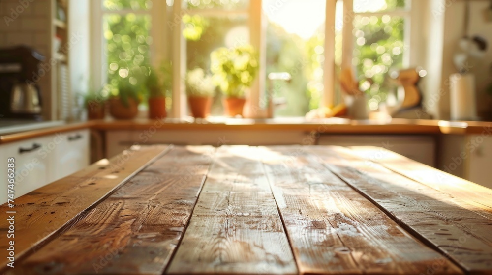 A wooden table next to a window. Ideal for home decor