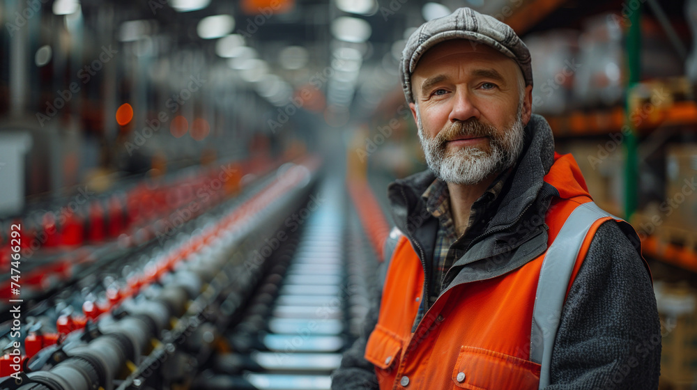 Engineer standing in a warehouse next to a conveyor.generative ai Engineer standing in a warehouse next to a conveyor.generative ai